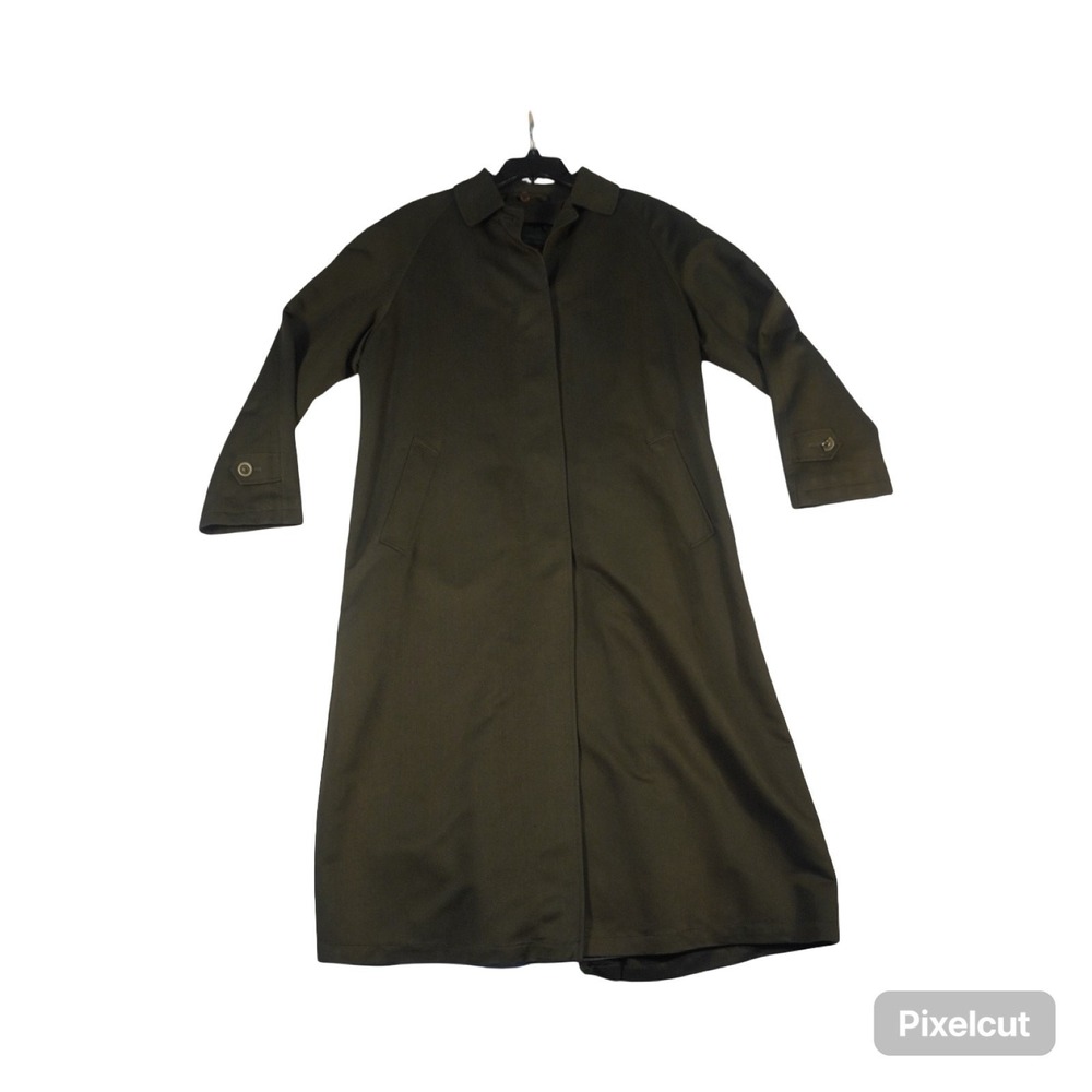 Vintage London Fog Trench Coat Womens 8 Olive Green Pockets Retro Long Overcoat